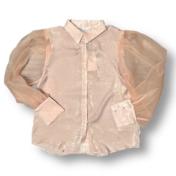 Anthropologie Grey Lab S Pink Satin Semi-Sheer Blouse Mesh Puff Sleeves Feminine - Picture 9 of 9